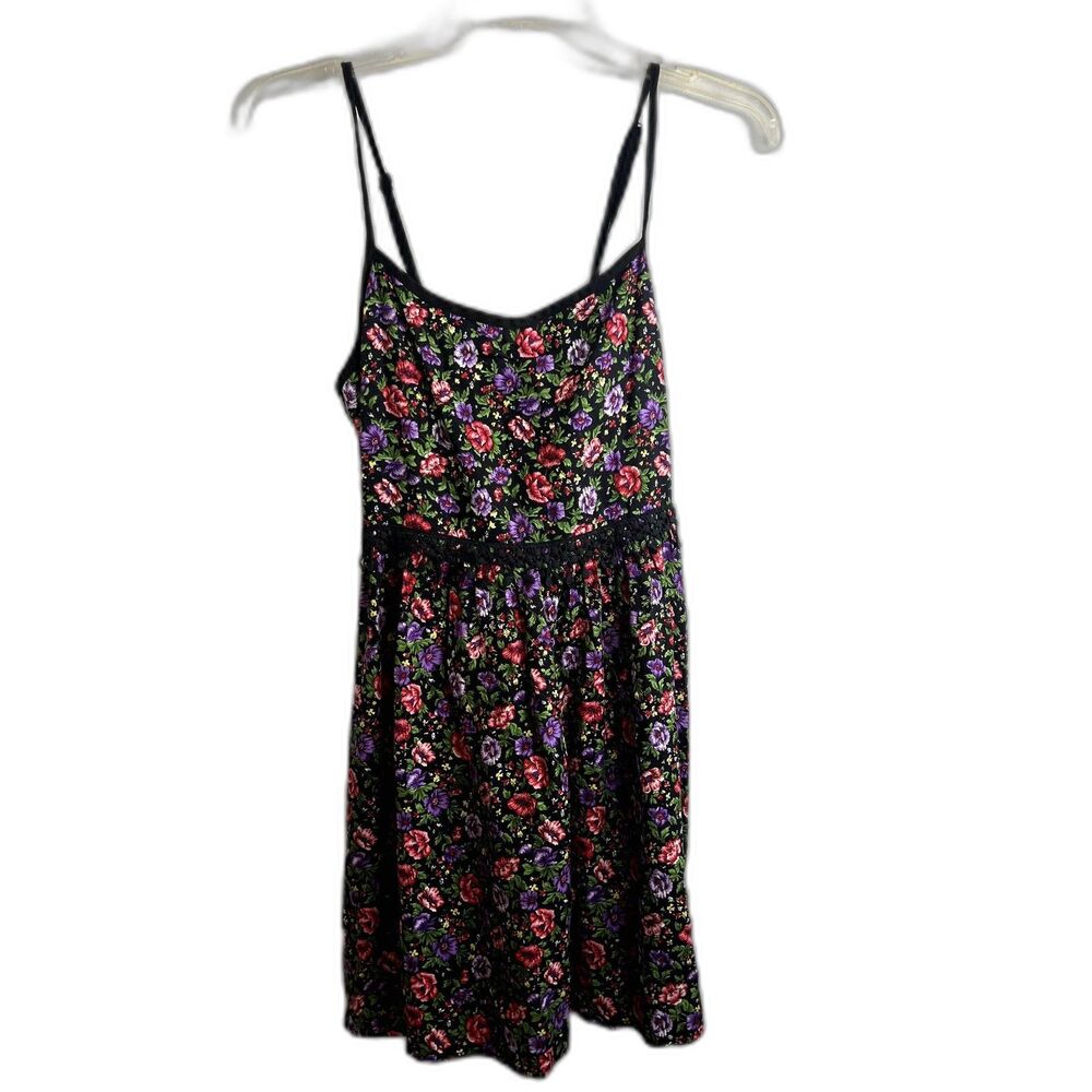 Band of Gypsies Black Floral Halter Boho Mini Dress Lace Trim Size XS